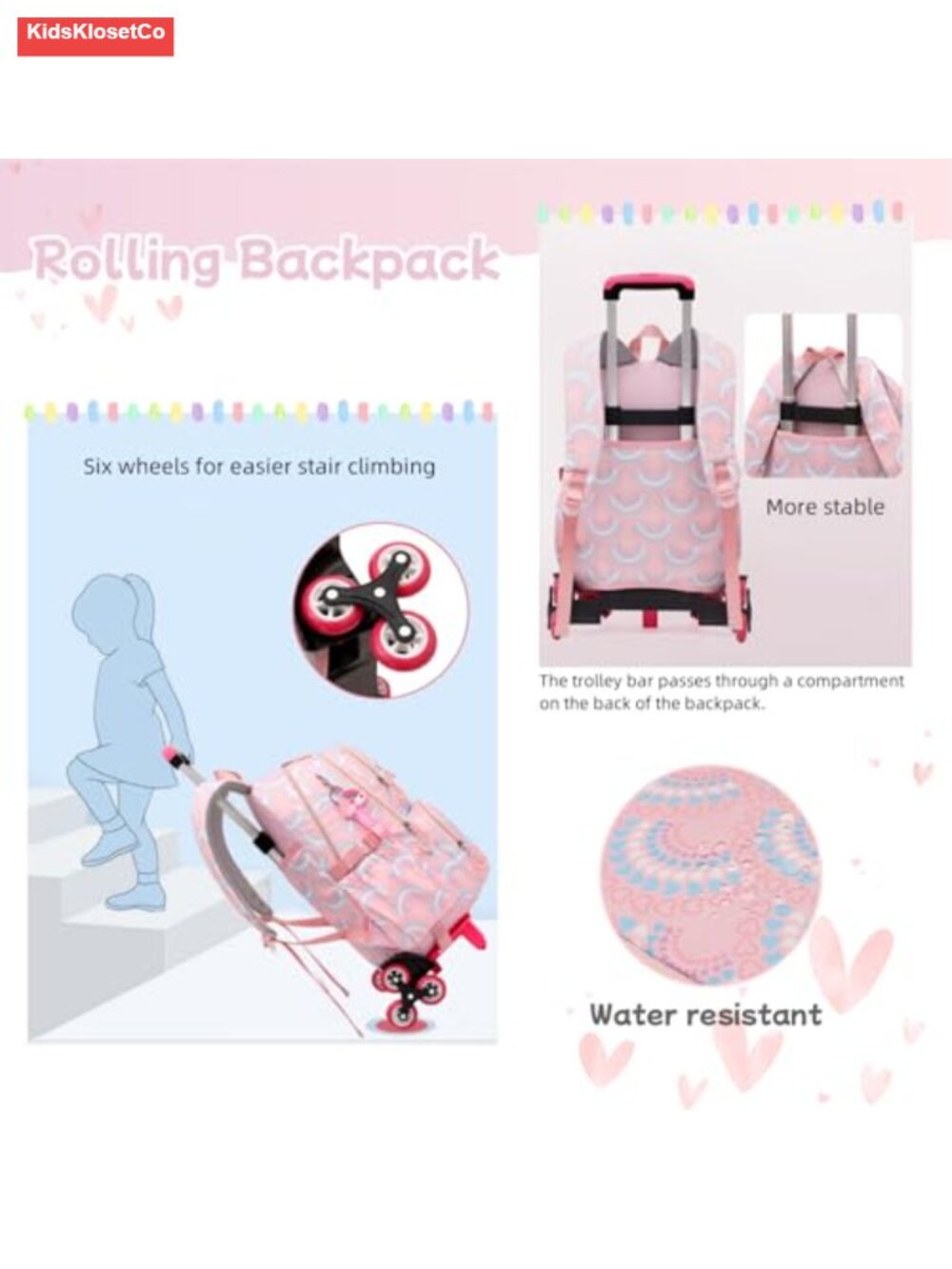 3-Piece Rolling Backpack Set with Lunch Bag and Pencil Case for Kids, Wheeled - Picture 4 of 5